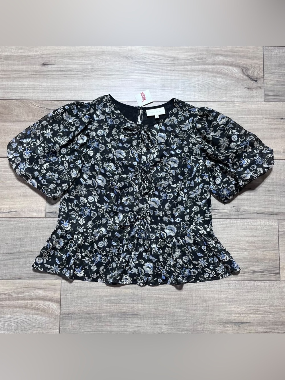 Melloday Womens Floral Puff Sleeve Peplum Top With Front Ties Size Small